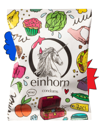 Einhorn-Verpackung mit illustrierten Gemüsesorten, Kräutern und Produkten auf hellem Hintergrund, Draufsicht