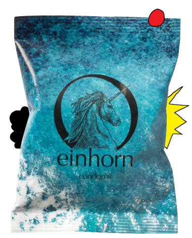 Türkisfarbene Verpackung mit abstraktem Wirbelmuster und kreisförmigem Logo mit roten und gelben Markierungen