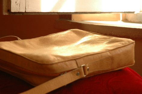 Tan leather bag with brass clasp lying open on wooden stand, displaying interior compartment
