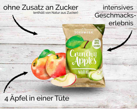 Packung grüner Apfelchips auf weißem Holzhintergrund mit frischen Äpfeln und Infografiken zu Zutaten und Nährwerten