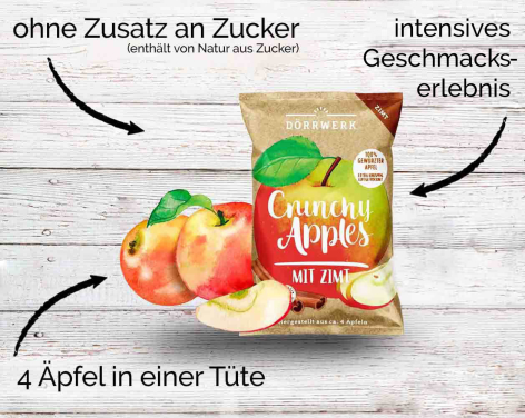 Packung mit getrockneten Apfelchips auf weißem Holzuntergrund, umgeben von Beschreibungstexten zu Zutaten und Geschmack
