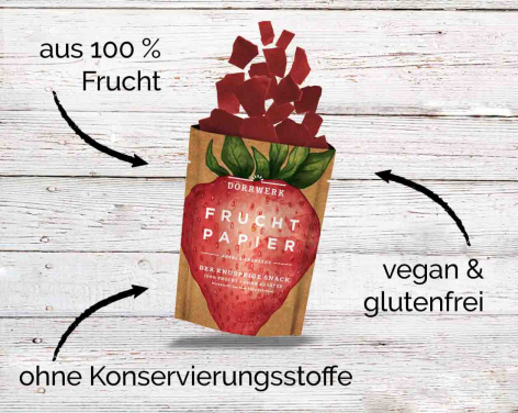 Rote Fruchtaufstrich im Glas mit Erdbeere und Blättern, Pfeile zeigen Eigenschaften wie vegan und glutenfrei
