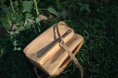 Sac à main en cuir beige clair avec sangles croisées, posé sur herbe verte, vue de dessus