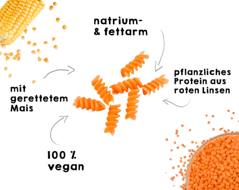 Orangefarbene vegane Proteinpulver-Verpackung mit Maismotiven und Nährwertangaben auf weißem Hintergrund