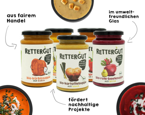 Drei Gläser mit farbigen Etiketten in Reihe, daneben Schälchen mit cremiger Paste und Sprechblase mit Text