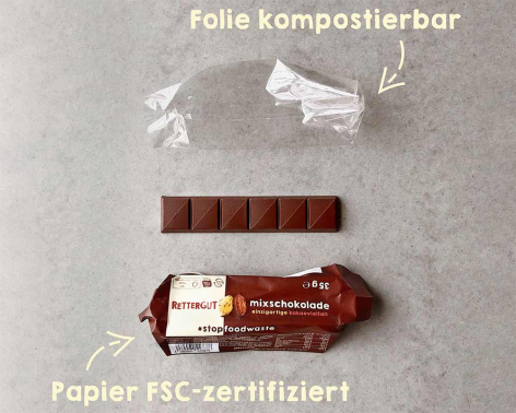 Braune Kompostierbare Folie mit weißen Symbolen und Zertifizierungslogo, flach ausgelegt mit Verpackungsmaterial