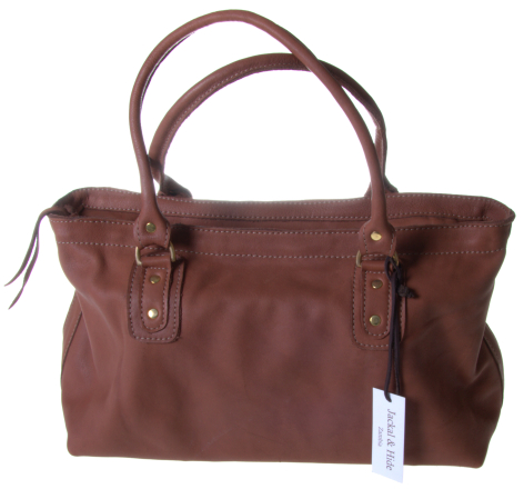 Brown leather tote bag with dual handles and a price tag attached, shown from the front view