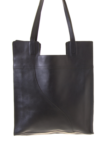 Black leather tote bag with dual handles, front view showing smooth finish and rectangular silhouette