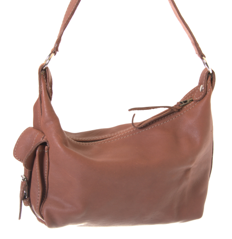 Rust-brown leather shoulder bag with curved silhouette, dual handles, and decorative tassel detail on side