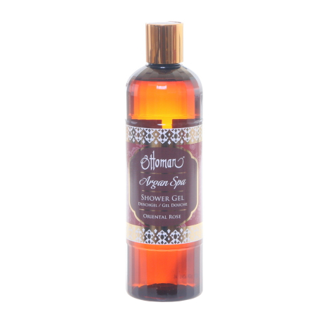 Amber glass spray bottle with purple label and metallic pump top, front view