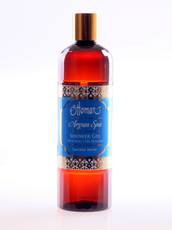 Red argan oil bottle with blue label, front view against white background