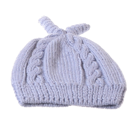 Lavender knit baby hat with decorative cable pattern and tied top, front view