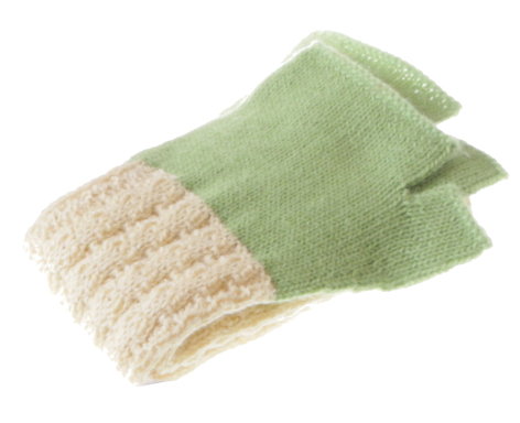Pair of green and cream wool mittens with quilted texture, front view showing cuff detail
