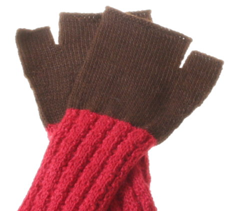 Brown fingerless mittens with red ribbed cuff, displayed open to show palm side, flat lay view