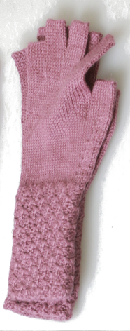 Rose pink fingerless wool gloves with textured knit pattern, flat lay against white background