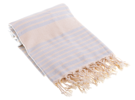 Cream and grey striped cotton throw with natural fringe tassels, folded display view