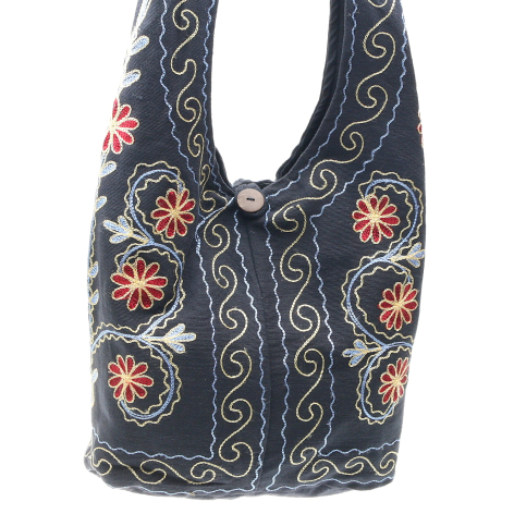 Dark blue embroidered shoulder bag with orange floral motifs and scrolling vine details, front view