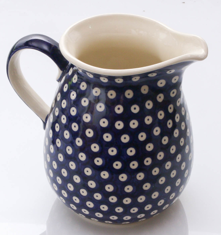 big cobalt blue white dotted pitcher