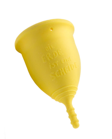 Bright yellow menstrual cup shown upright with rounded dome top and stem handle, front view