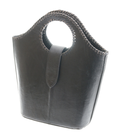 Black leather bucket bag with rounded handles and textured edge detailing, front view