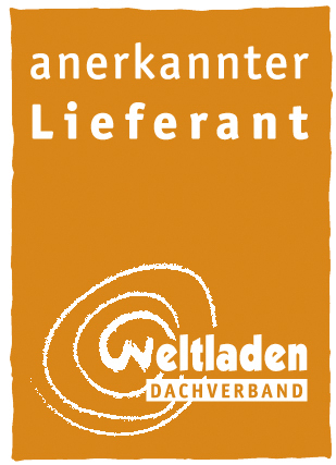 Orange Etikett mit weißem Text und Weltladen-Logo, das einen Globus darstellt