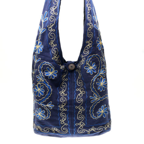 Navy blue cotton shoulder bag with gold embroidered paisley pattern and dual handles, front view