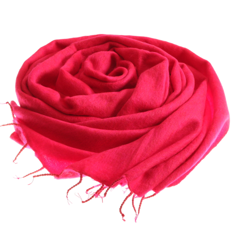 Hot pink wool scarf with rose-like gathered folds and fringed edges, displayed flat from above