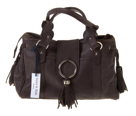 Dark brown leather shoulder bag with decorative fringe tassel and ring detail, front view