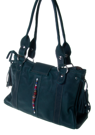 Navy blue suede shoulder bag with dual handles and decorative tassel details, front view