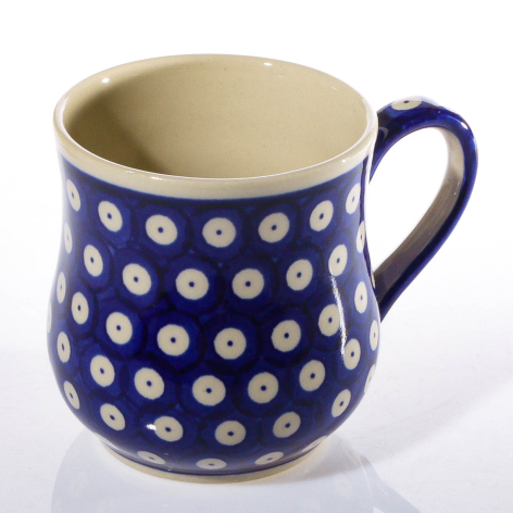 Deep blue ceramic mug with white polka dot pattern and navy curved handle, front view