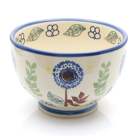 Cream ceramic bowl with blue rim and hand-painted botanical motifs and central blue circular medallion, front view