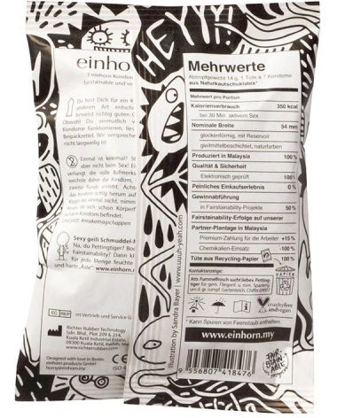 Rückseite einer Produktverpackung mit schwarzweißem grafischem Muster, Text und Informationen auf beiden Seiten
