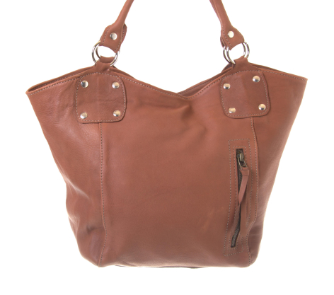 Rust-brown leather tote bag with dual handles and decorative silver studs, front view