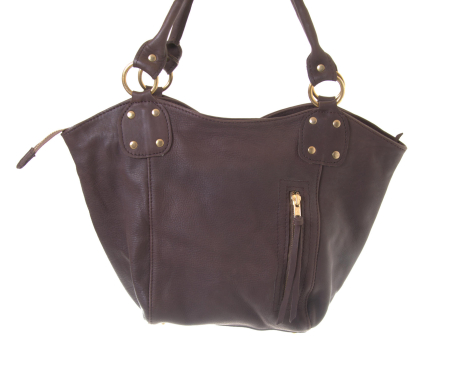 Dark brown leather bucket bag with gathered sides and dual handles, front view