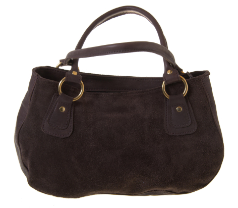 Black suede leather tote bag with dual top handles and bronze hardware, front view