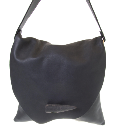 Black leather shoulder bag with slouchy silhouette and adjustable strap, front view