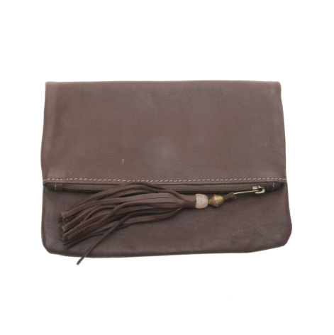 Brown leather clutch with tassel detail and adjustable strap, front view