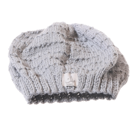 Light gray knit beanie with textured cable pattern and dark ribbed trim, displayed flat from above