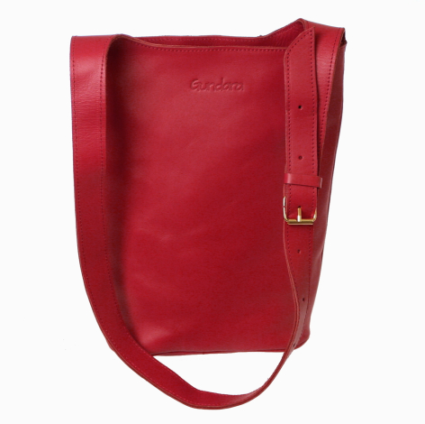 Red leather bucket bag with gold-toned hardware and adjustable shoulder strap, front view