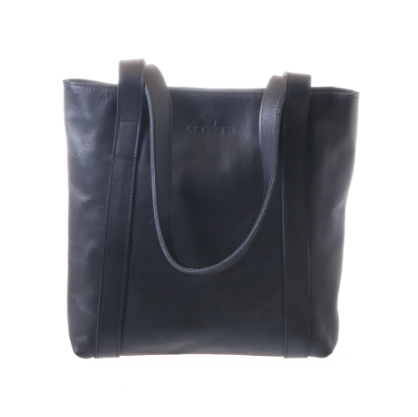 Black leather tote bag with dual handles, front view showing structured rectangular silhouette