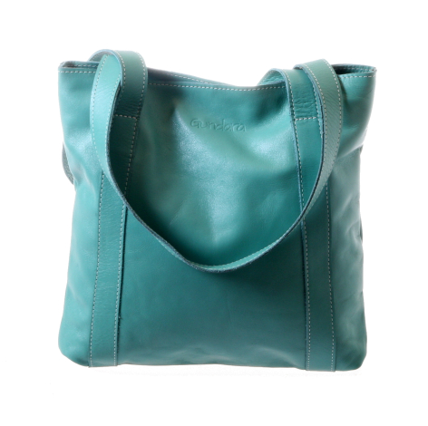 Teal leather tote bag with dual handles and structured silhouette, front view