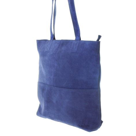 Blue suede tote bag with dual handles and horizontal paneled texture detail, front view
