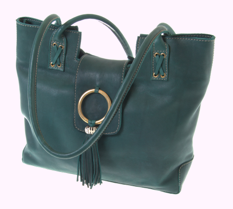 Teal leather tote bag with gold ring detail and tassel charm, front view