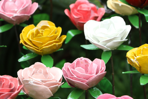 Cluster of vibrant roses in pink, yellow, and white blooms with green foliage, overhead view