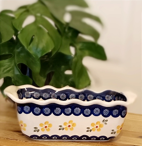 Two stacked ceramic bowls with blue and white floral patterns, green potted plant behind on wooden surface