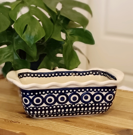 Dark blue ceramic planter with white geometric pattern, rectangular shape, holding green leafy plant