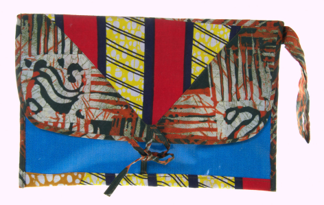 Handwoven textile pouch with striped red and yellow pattern, blue band, and decorative tassels, flat lay view