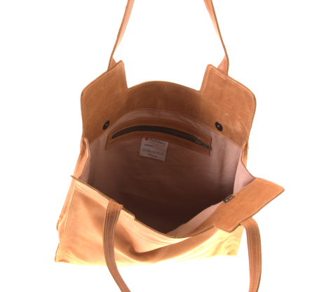 Tan leather tote bag, open view showing brown interior with structured compartments and tan fabric lining