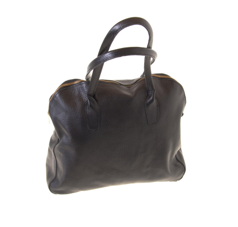Black leather tote bag with curved handles, front view, showing structured rounded silhouette and subtle texture