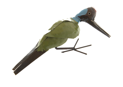 Handcrafted wooden bird sculpture with olive green body, black head and beak, shown in profile